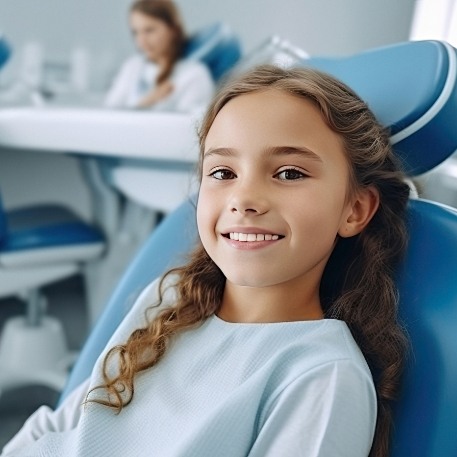 Young girl smiling while visiting childrens dentist in Califon