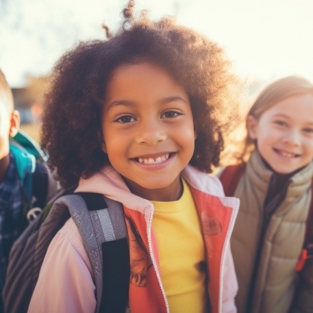 Young girl with backpack smiling outdoors